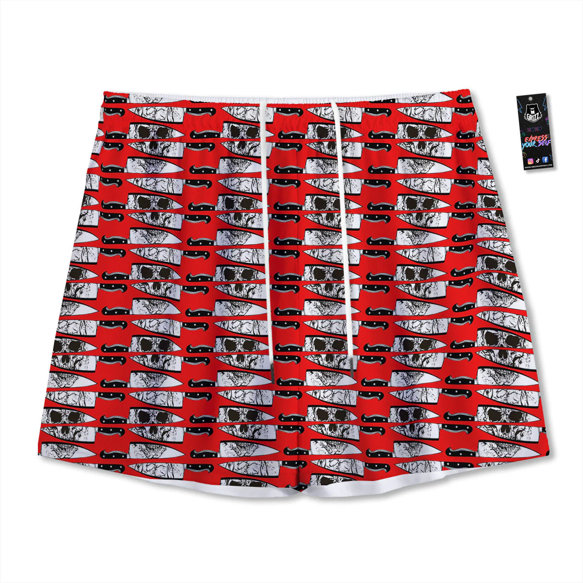 Knife And Skull Red Print Pattern Mesh Shorts