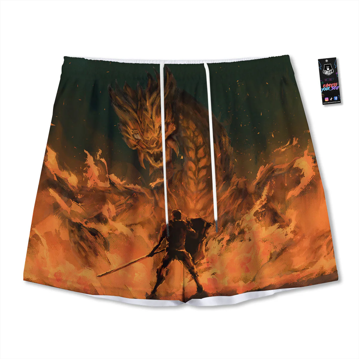 Knight Fight With Dragon Print Mesh Shorts