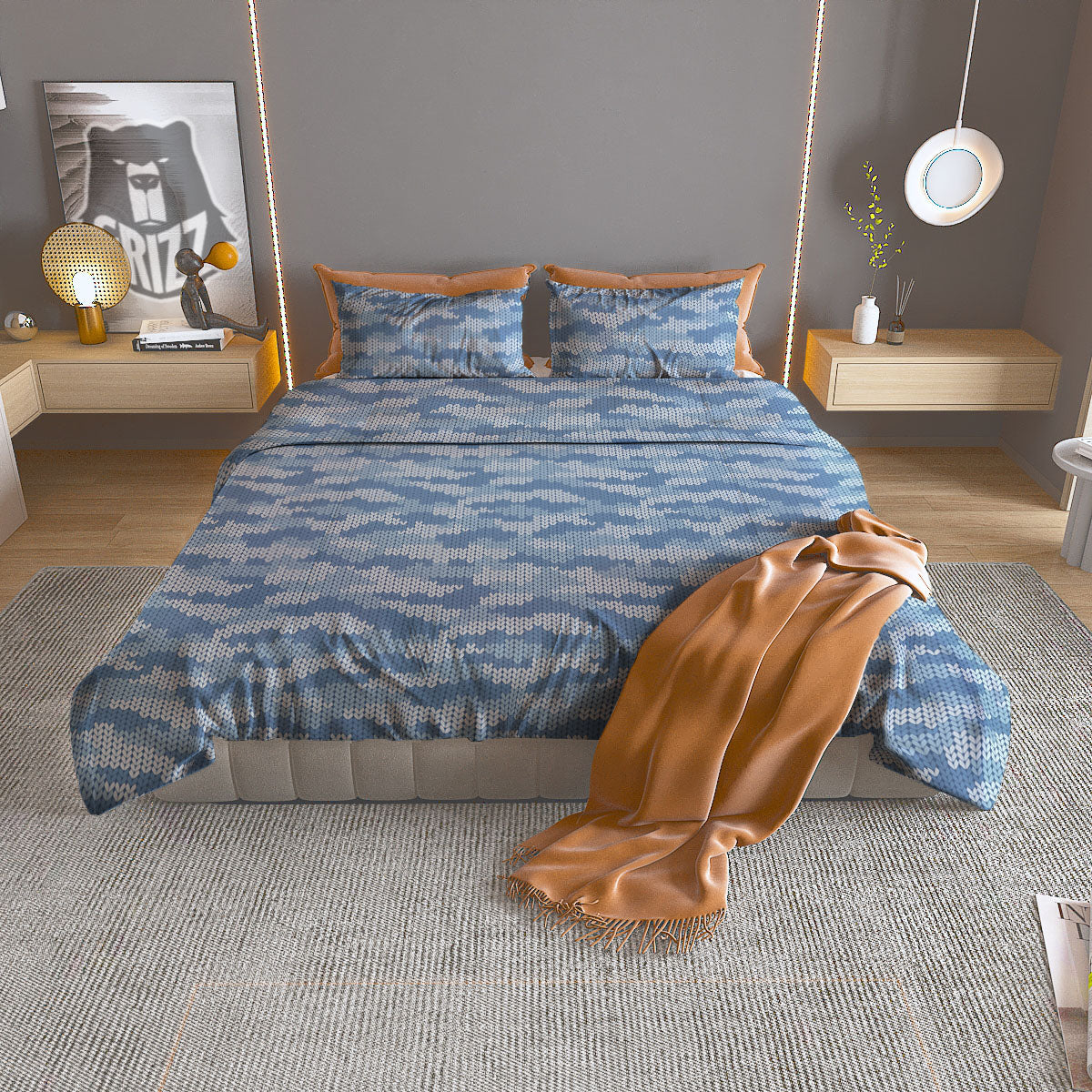 Knitted Blue Camouflage Print Pattern Duvet Cover Bedding Set