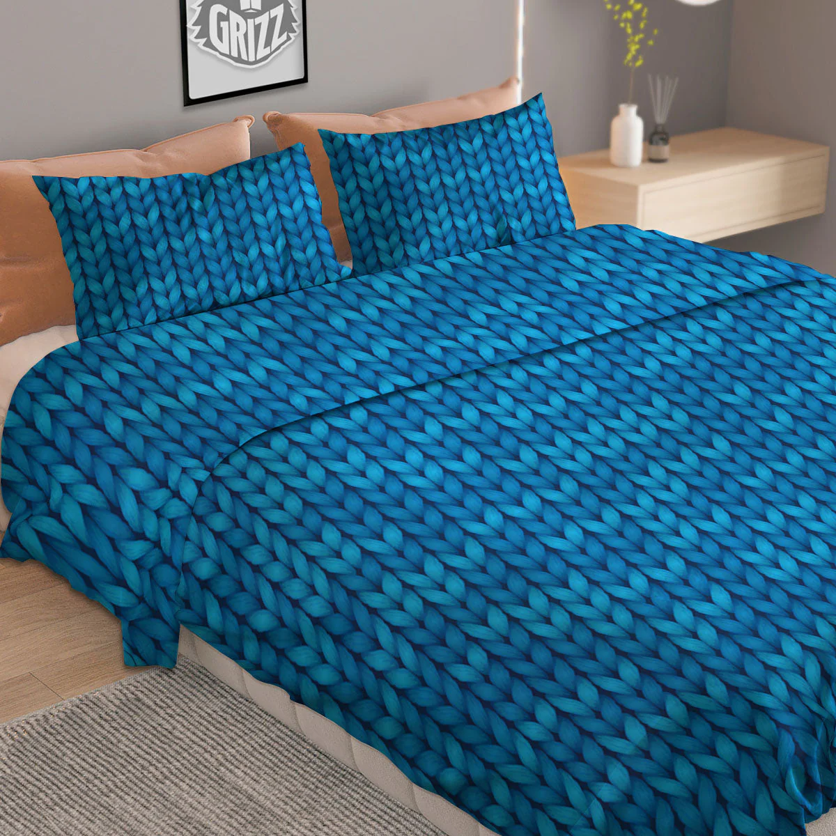 Knitted Blue Print Pattern Duvet Cover Bedding Set - Image 2