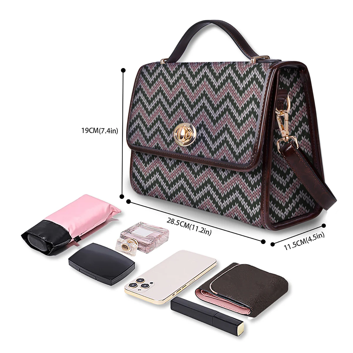 Knitted Chevron Vintage Print Pattern Women's Satchel Bag - Image 4