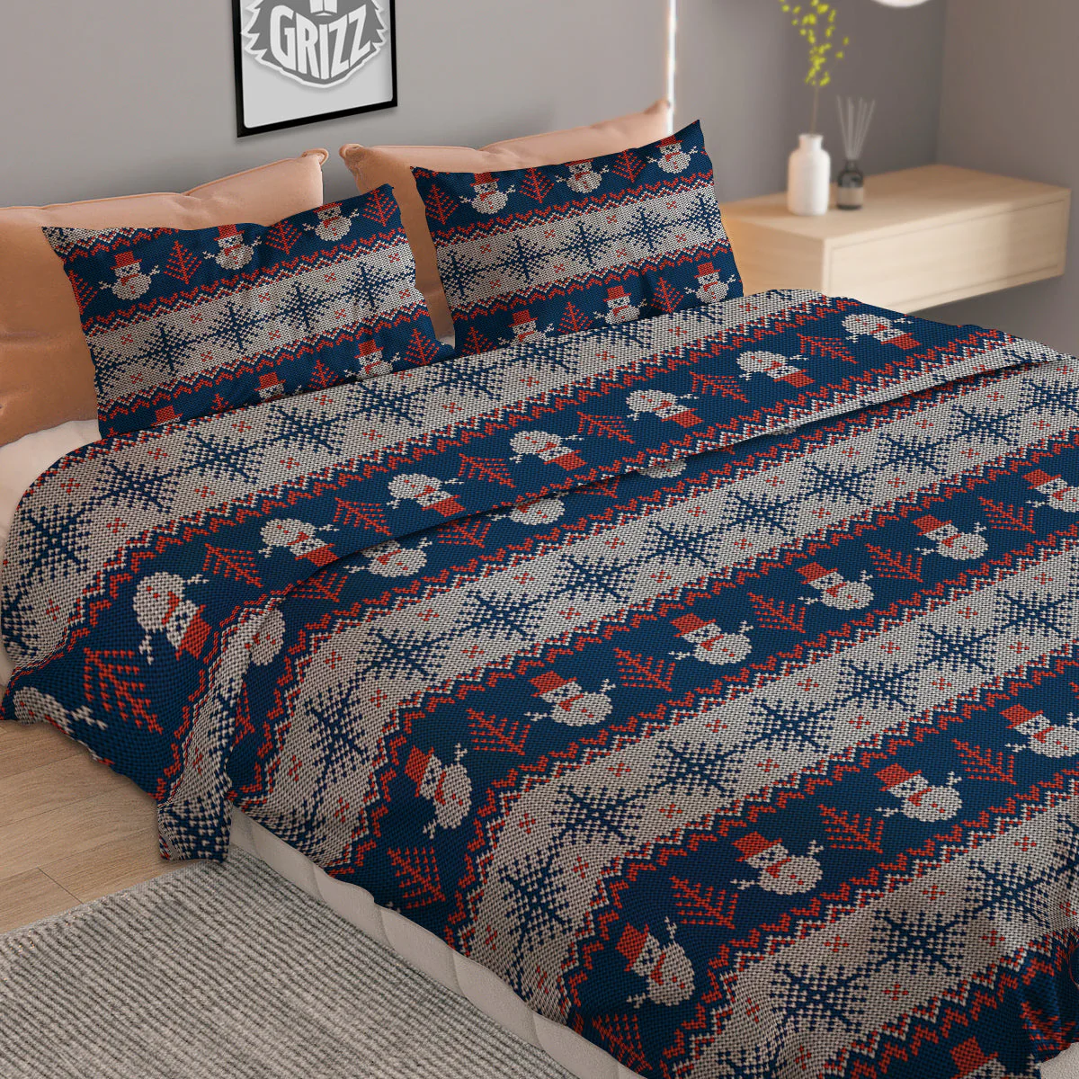 Knitted Cute Snowman Print Pattern Duvet Cover Bedding Set - Image 2