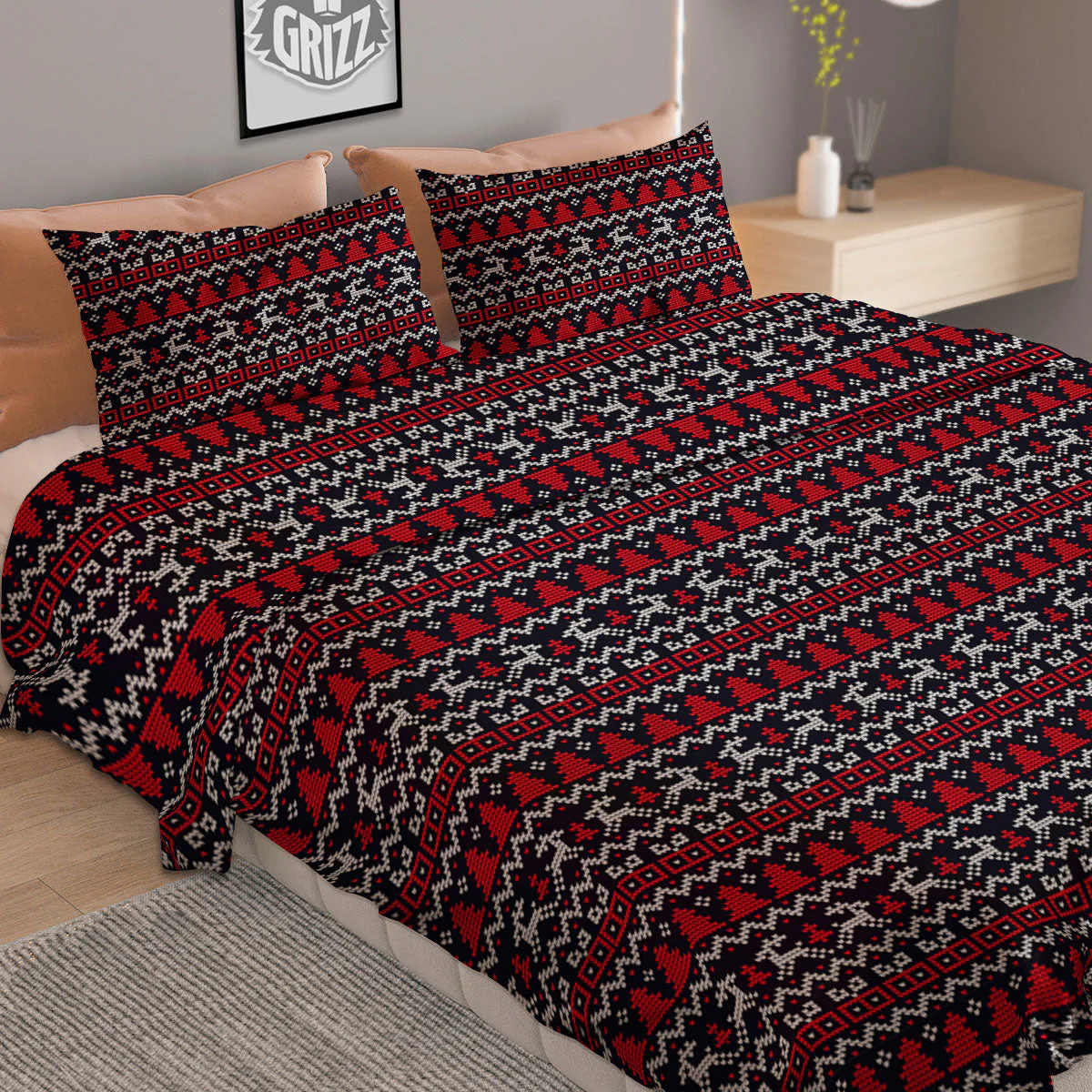 Knitted Geometric Xmas Print Pattern Duvet Cover Bedding Set - Image 2