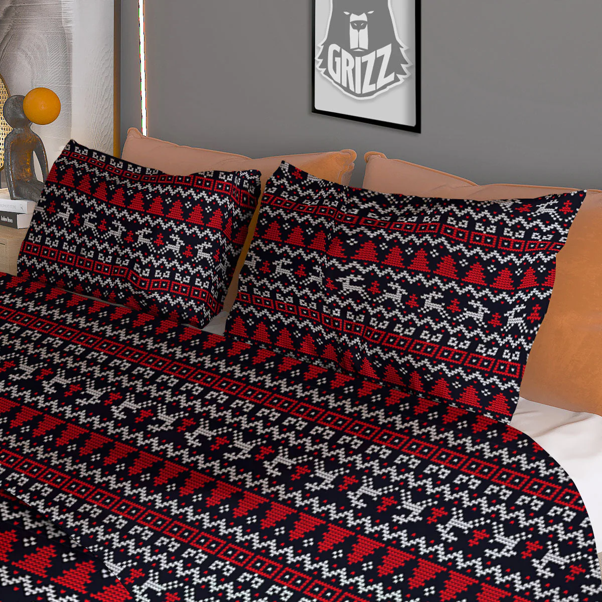 Knitted Geometric Xmas Print Pattern Duvet Cover Bedding Set - Image 3