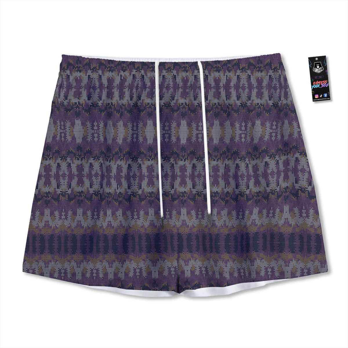 Knitted Ribbon Purple Print Pattern Mesh Shorts
