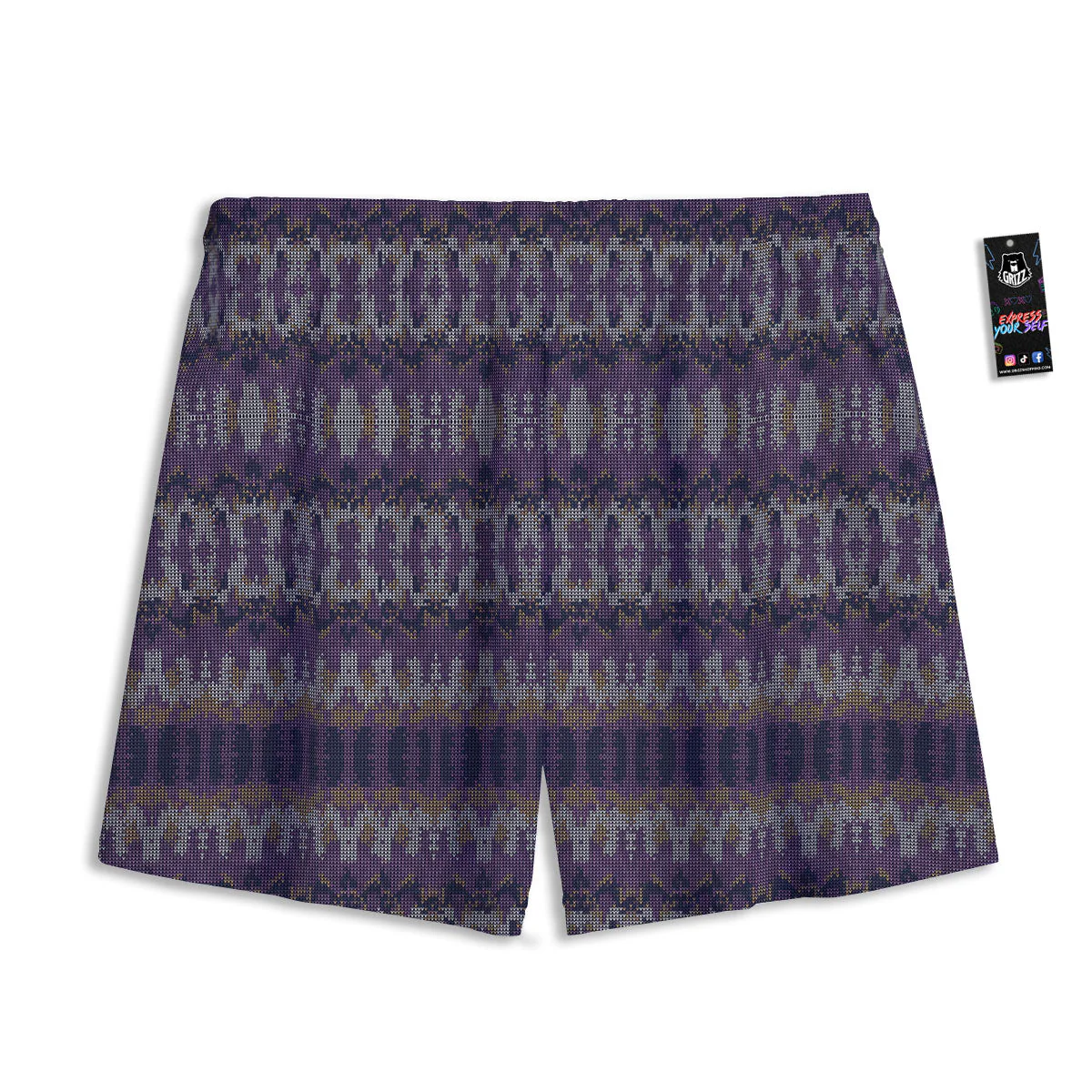 Knitted Ribbon Purple Print Pattern Mesh Shorts - Image 2