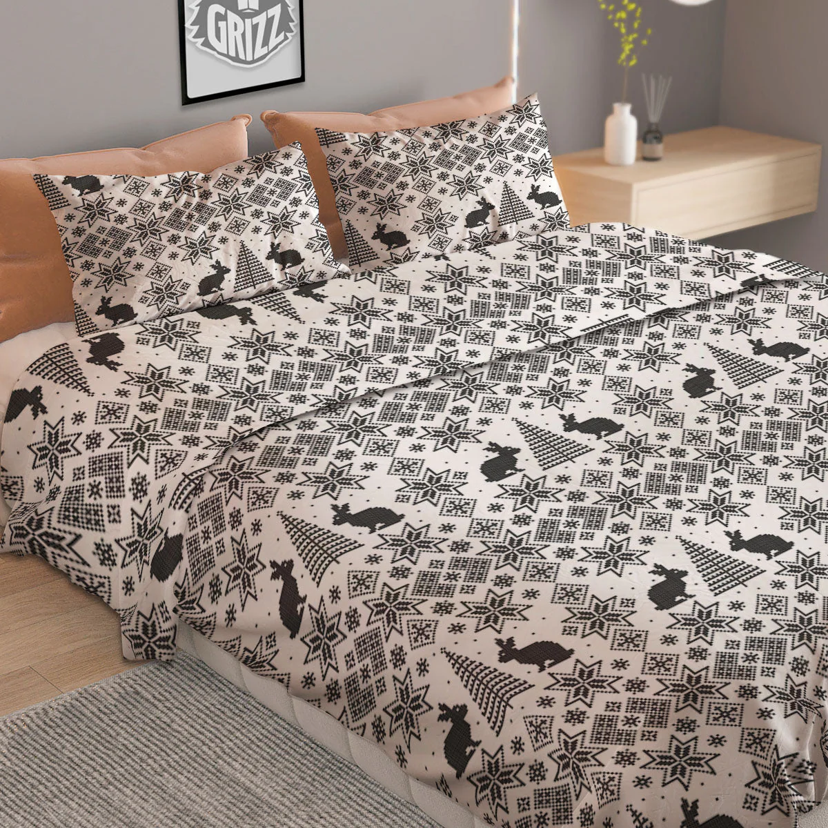 Knitted Snow Rabbit Print Pattern Duvet Cover Bedding Set - Image 2