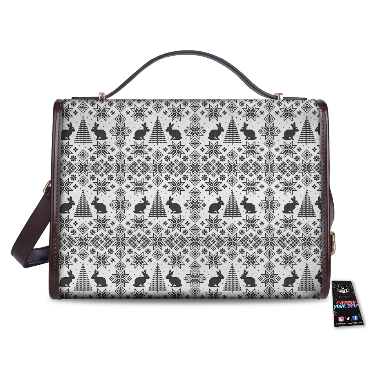 Knitted Snow Rabbit Print Pattern Women's Satchel Bag - Image 2