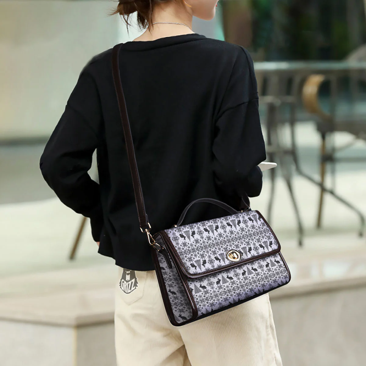 Knitted Snow Rabbit Print Pattern Women's Satchel Bag - Image 3