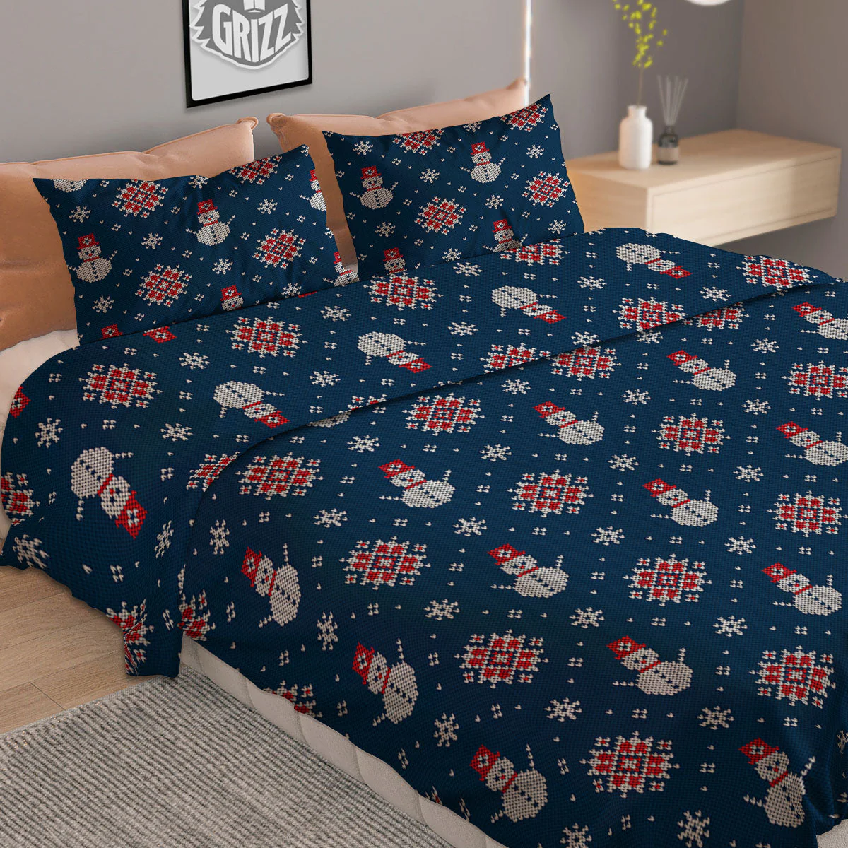 Knitted Snowman Print Pattern Duvet Cover Bedding Set - Image 2