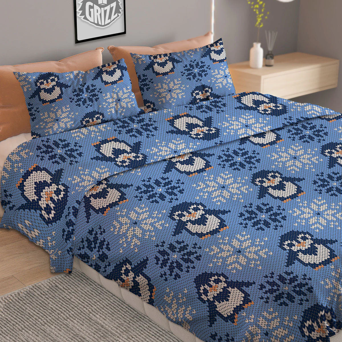 Knitted Snowy Penguin Print Pattern Duvet Cover Bedding Set - Image 2