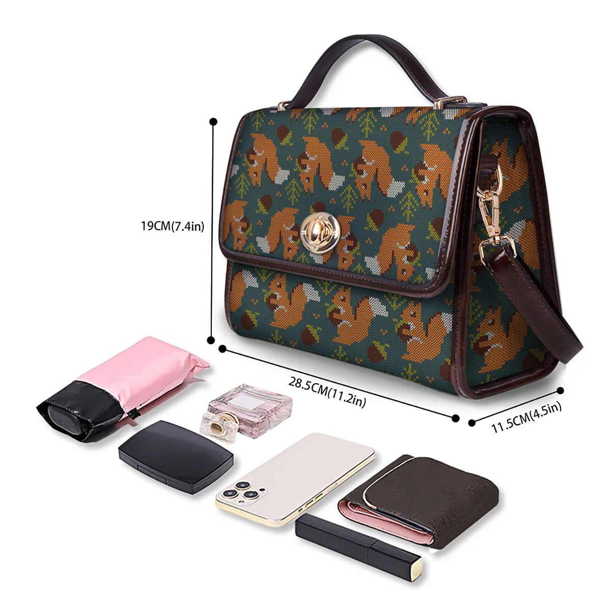 Knitted Squirrel Print Pattern Women's Satchel Bag - Image 4
