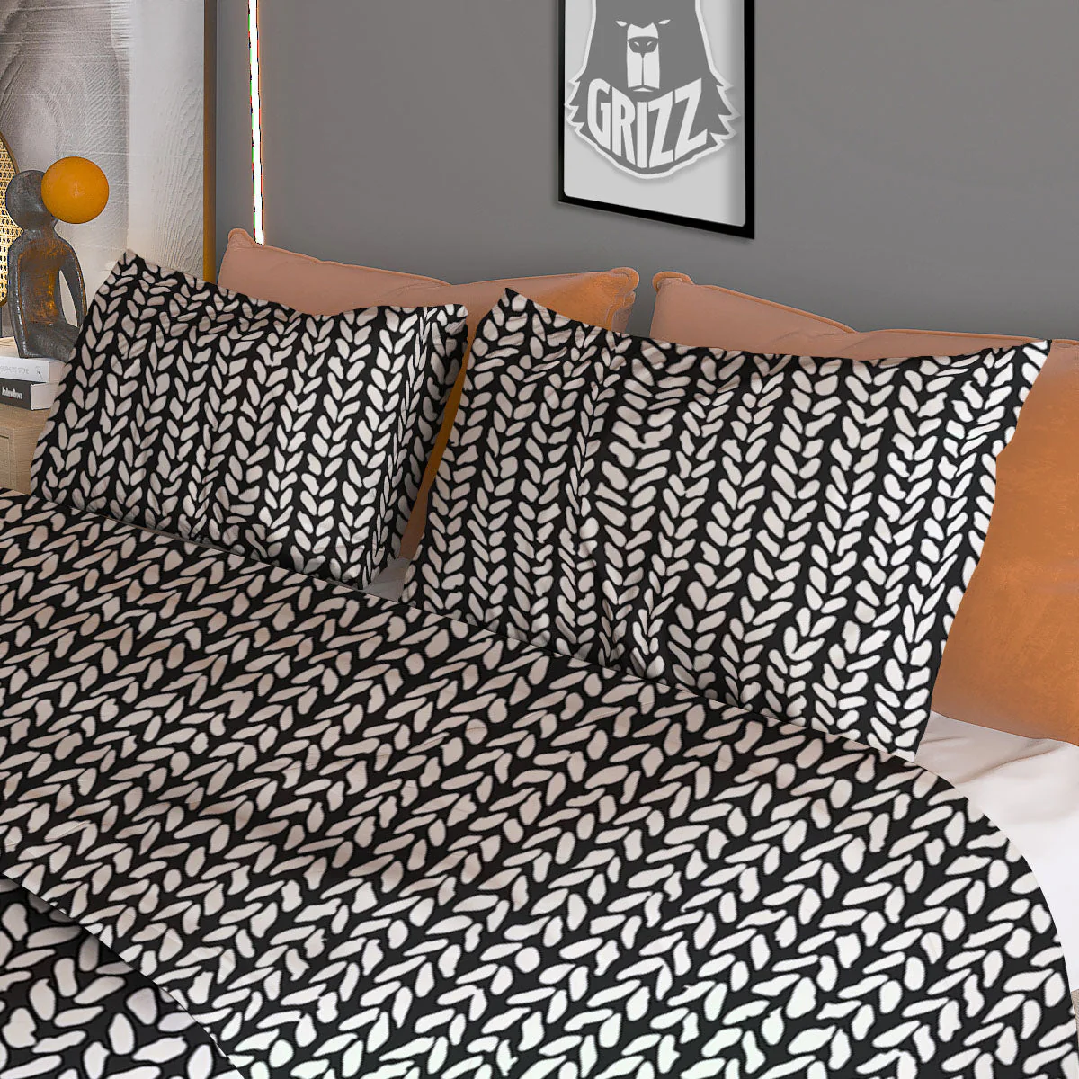 Knitted Texture White And Black Print Pattern Duvet Cover Bedding Set - Image 3