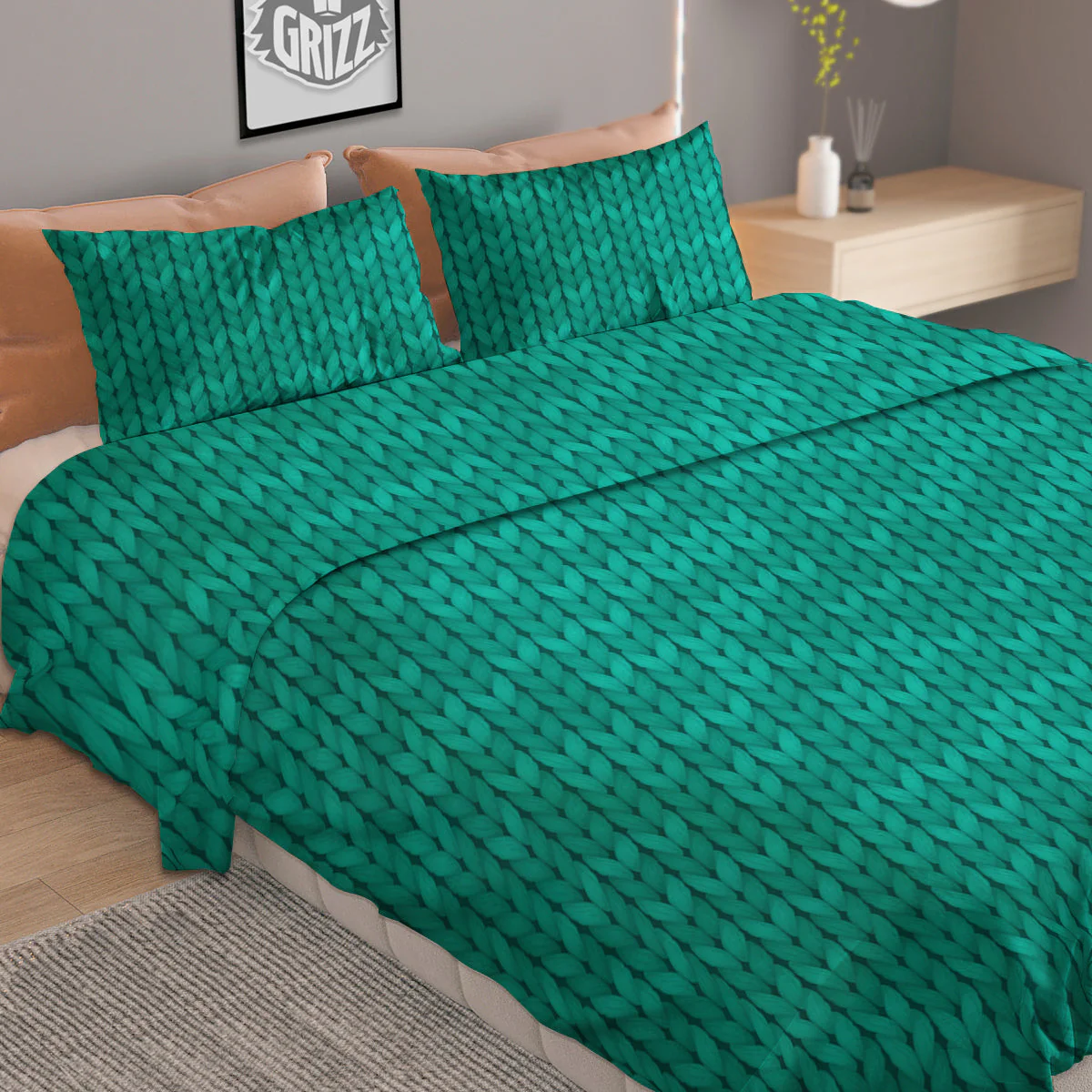Knitted Turquoise Print Pattern Duvet Cover Bedding Set - Image 2