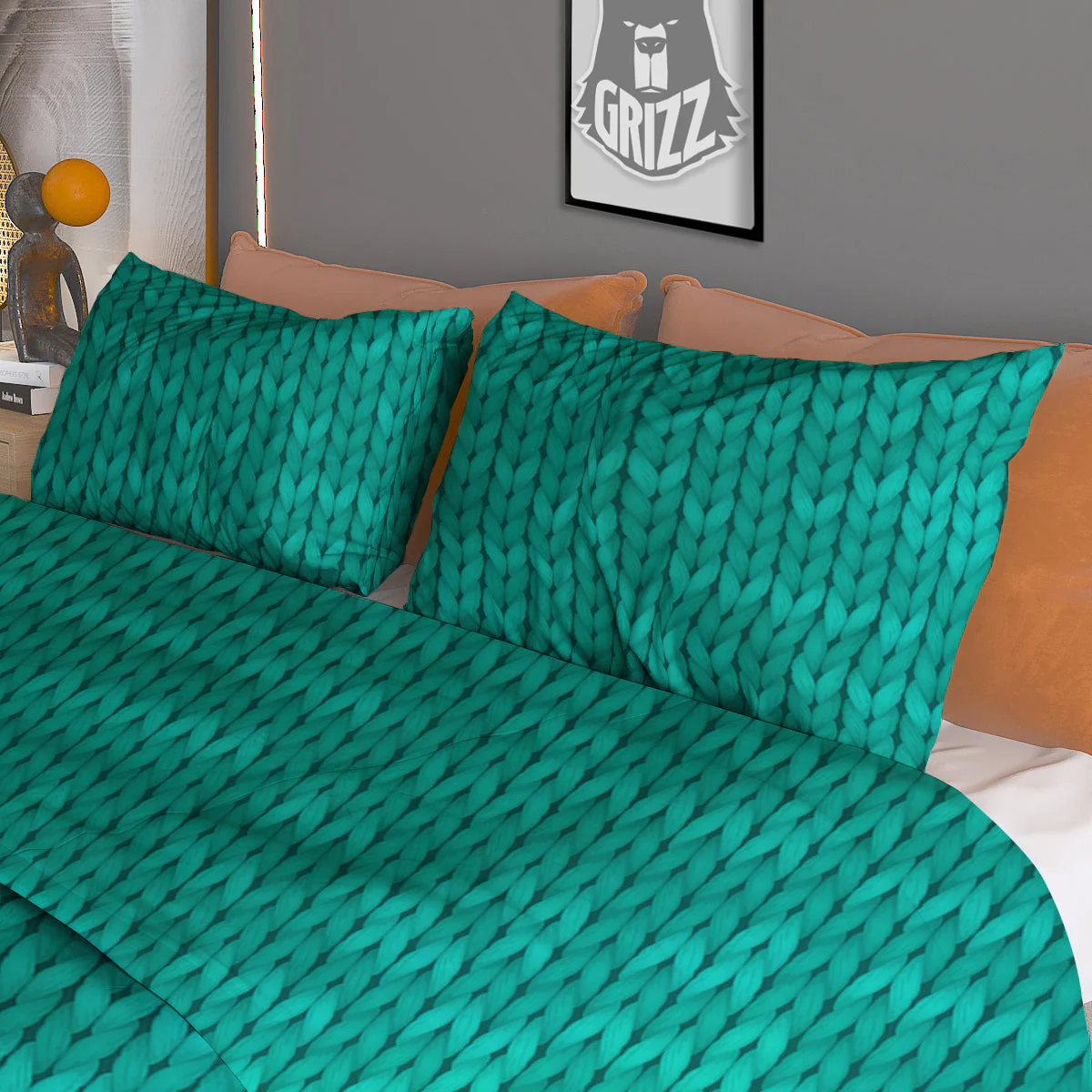 Knitted Turquoise Print Pattern Duvet Cover Bedding Set - Image 3