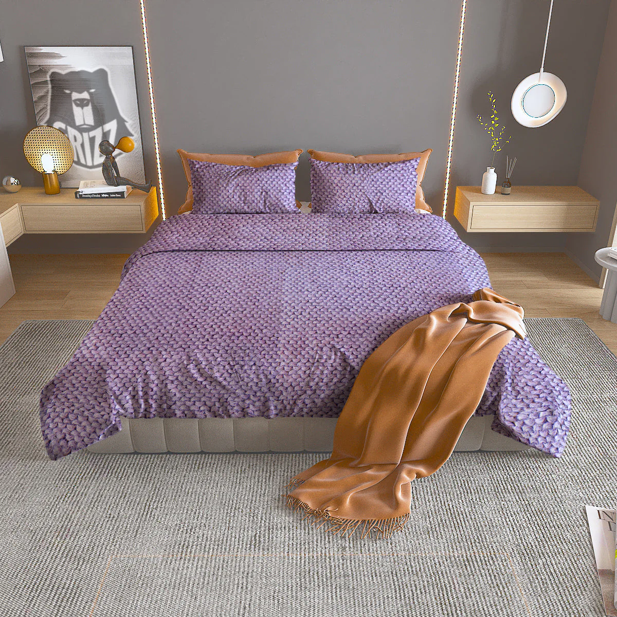 Knitted Violet Print Pattern Duvet Cover Bedding Set