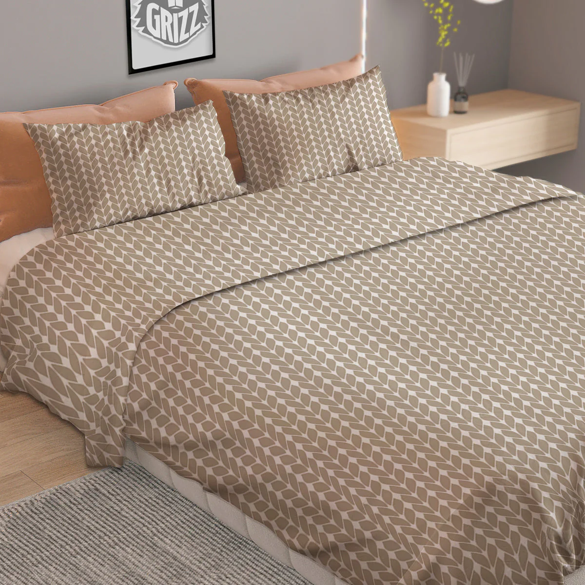 Knitted White And Beige Print Pattern Duvet Cover Bedding Set - Image 2