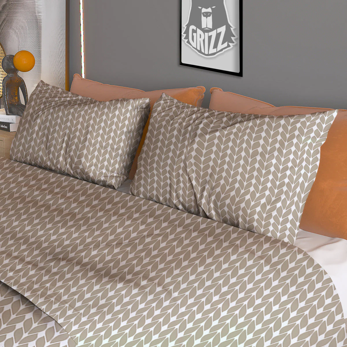 Knitted White And Beige Print Pattern Duvet Cover Bedding Set - Image 3