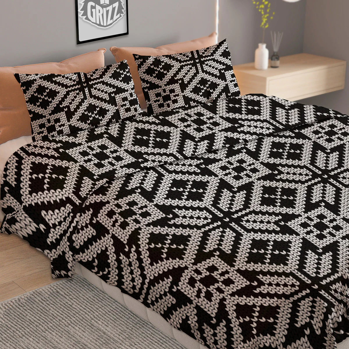 Knitted White And Black Print Pattern Duvet Cover Bedding Set - Image 2