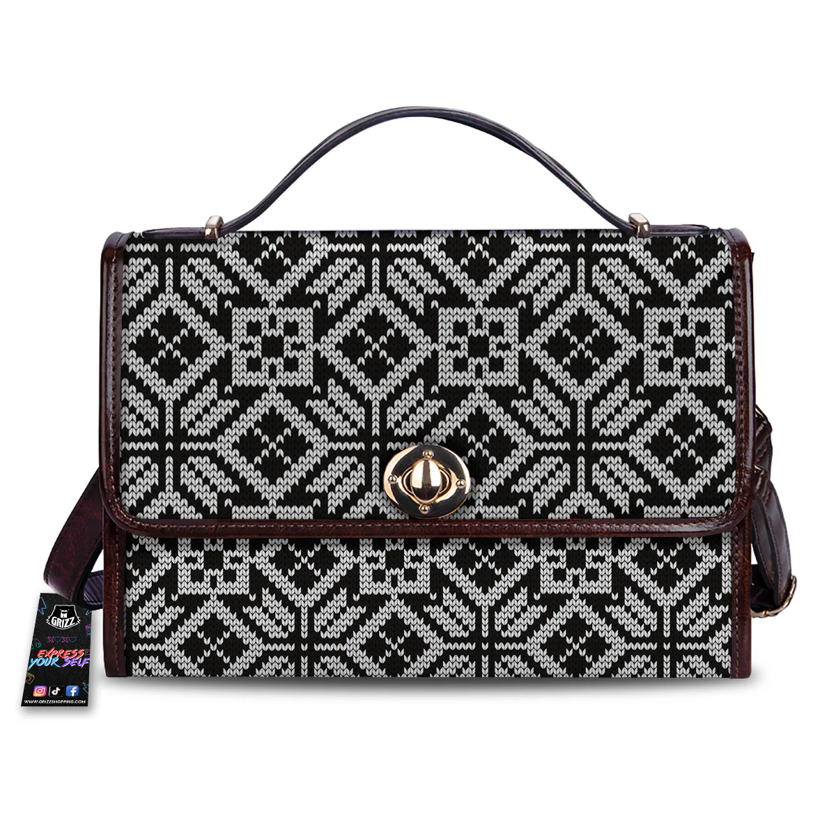 Knitted White And Black Print Pattern Women's Satchel Bag