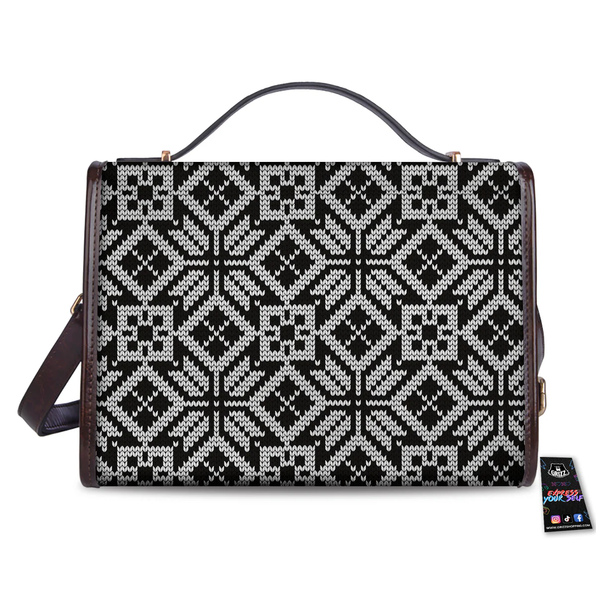 Knitted White And Black Print Pattern Women's Satchel Bag - Image 2