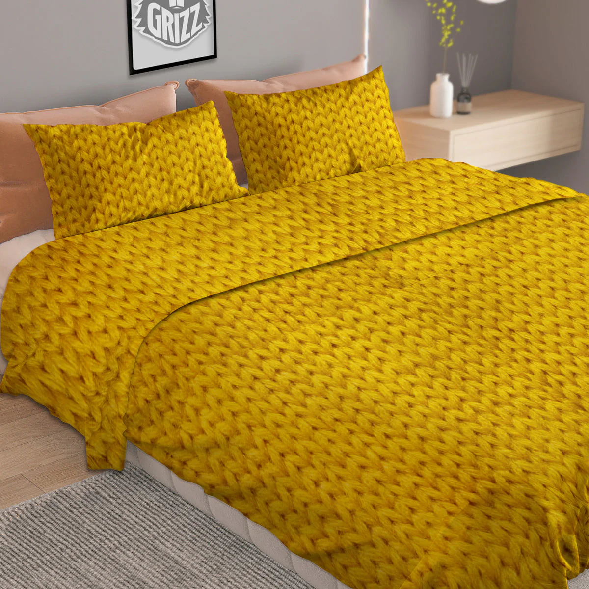 Knitted Yellow Print Pattern Duvet Cover Bedding Set - Image 2