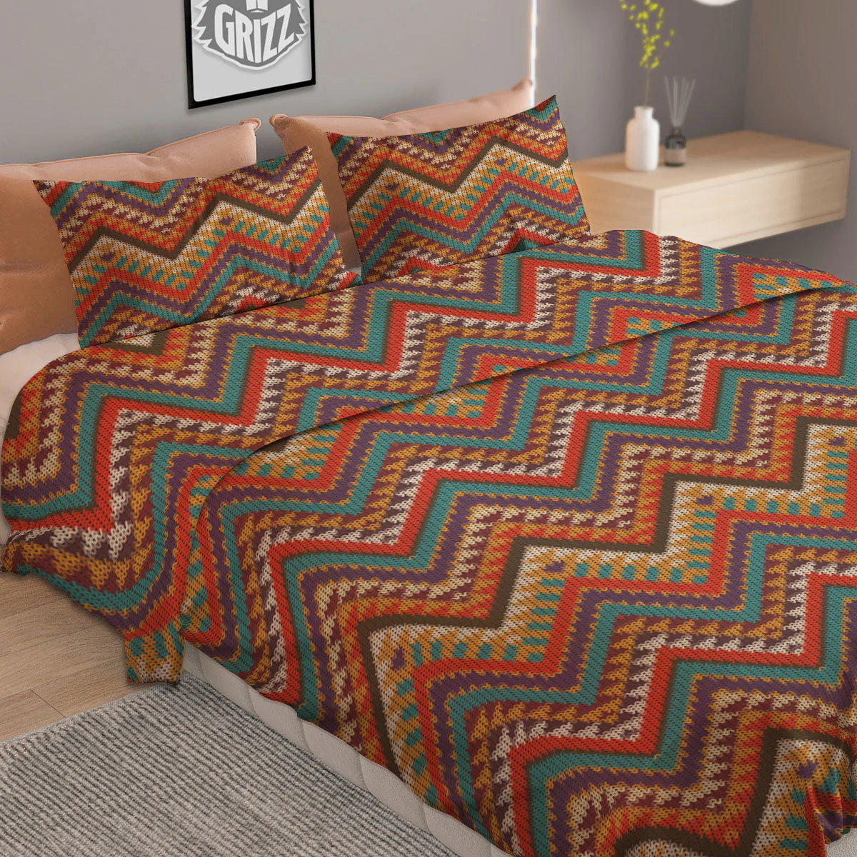Knitted Zigzag Print Pattern Duvet Cover Bedding Set - Image 2
