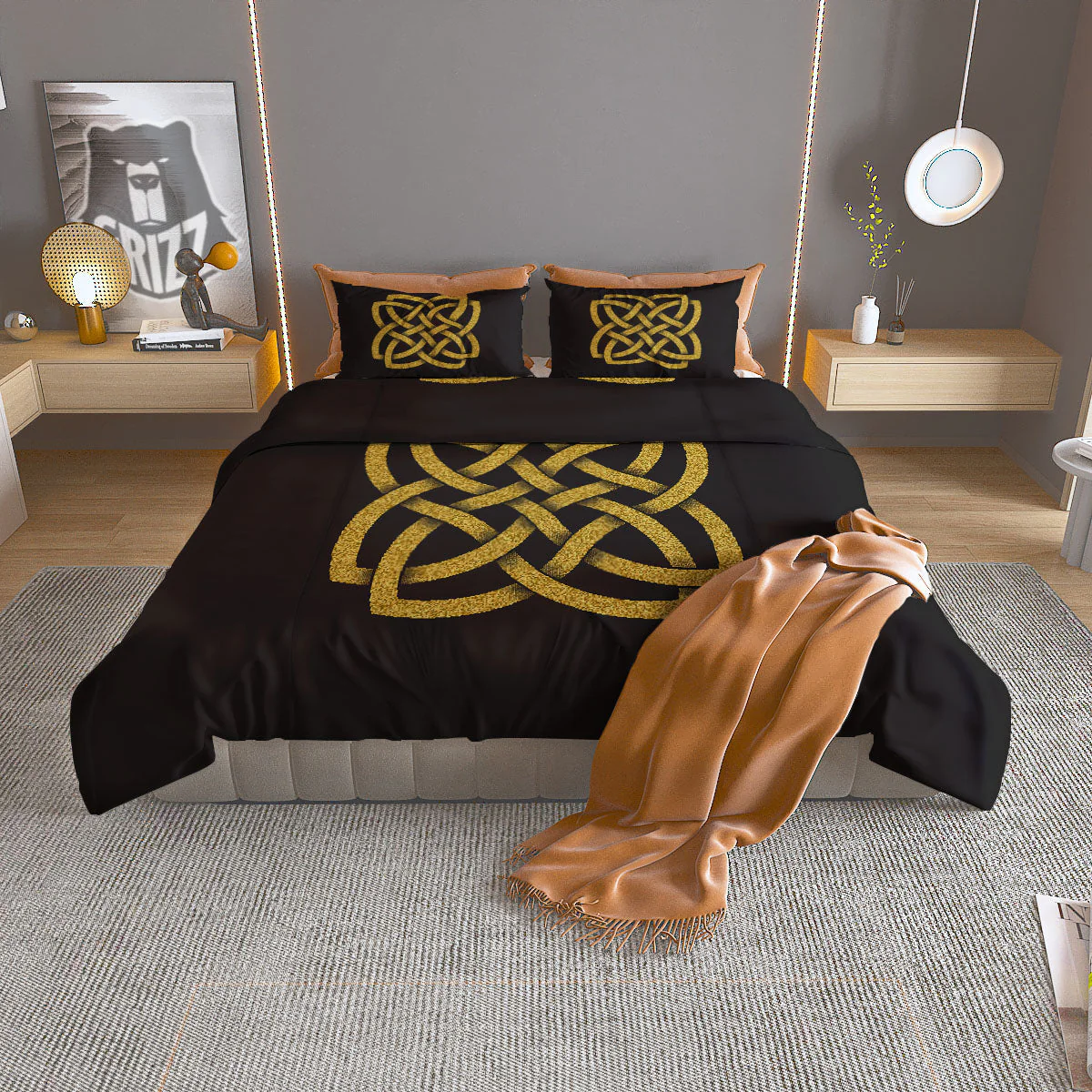 Knot Symbol Gold Celtic Print Duvet Cover Bedding Set
