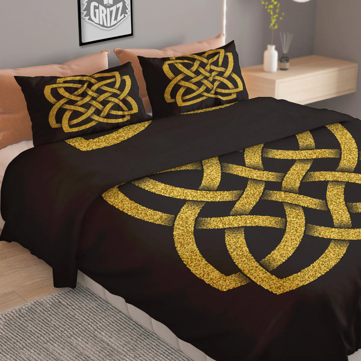 Knot Symbol Gold Celtic Print Duvet Cover Bedding Set - Image 2