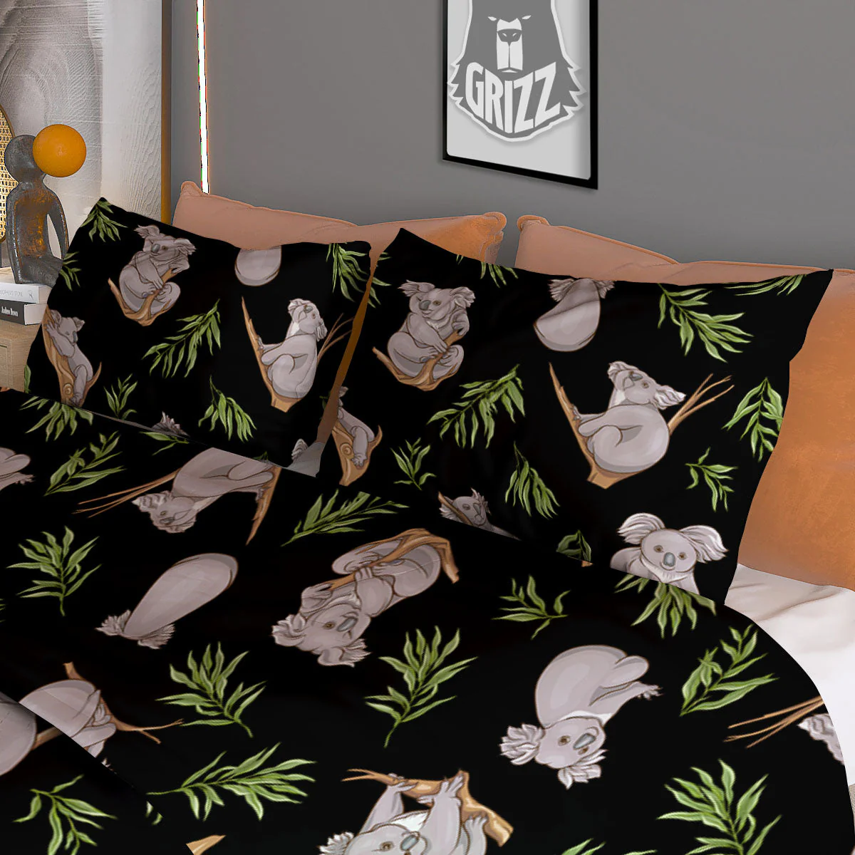 Koala Bear Black Print Pattern Duvet Cover Bedding Set - Image 3