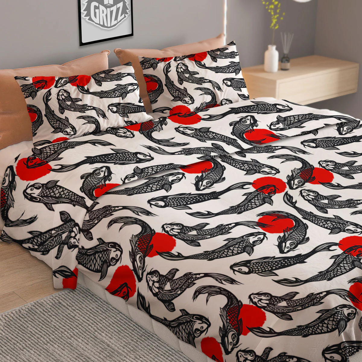 Koi Fish Carp Japanese Print Pattern Duvet Cover Bedding Set - Image 2