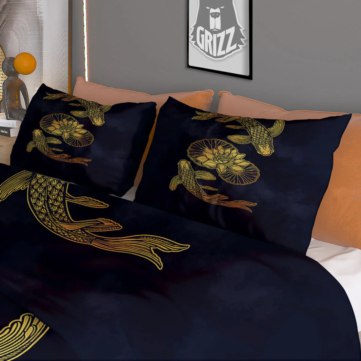 Koi Fish Golden Spiritual Print Duvet Cover Bedding Set - Image 3