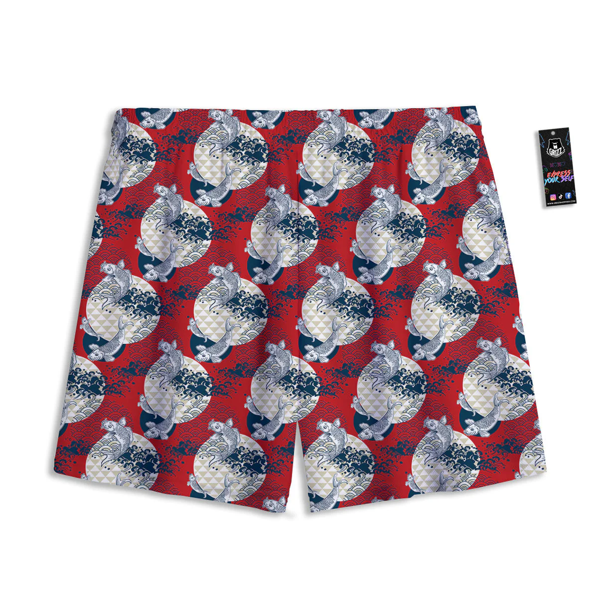 Koi Fish Japanese Wave Print Pattern Mesh Shorts - Image 2