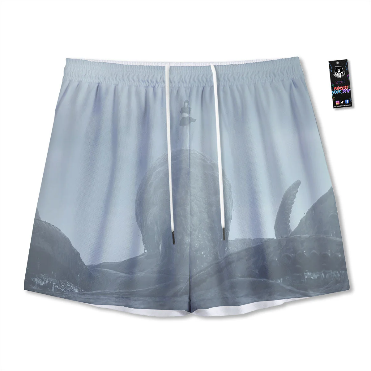 Kraken And Girl On Sea Print Mesh Shorts