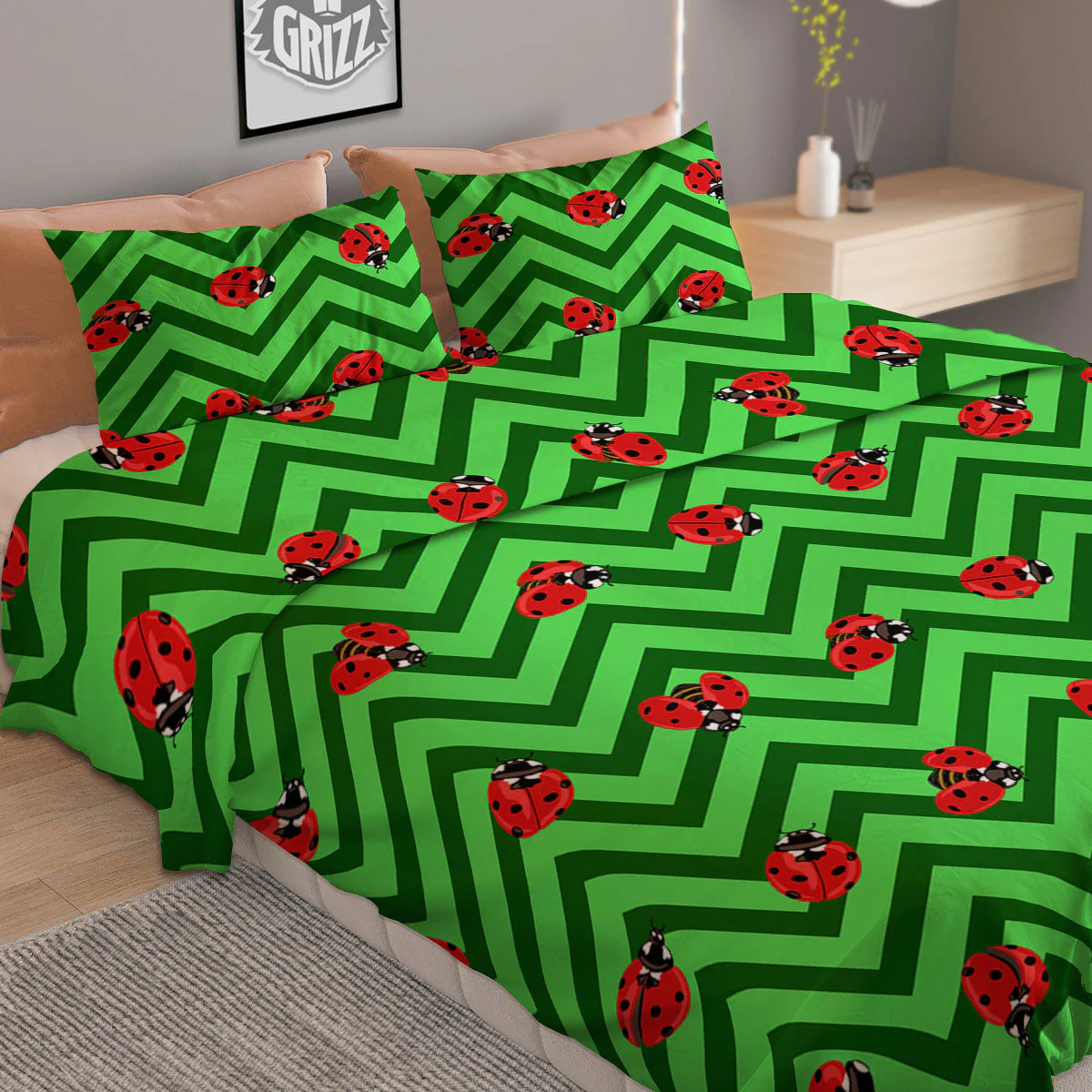 Ladybug Zigzag Green Pattern Duvet Cover Bedding Set - Image 2