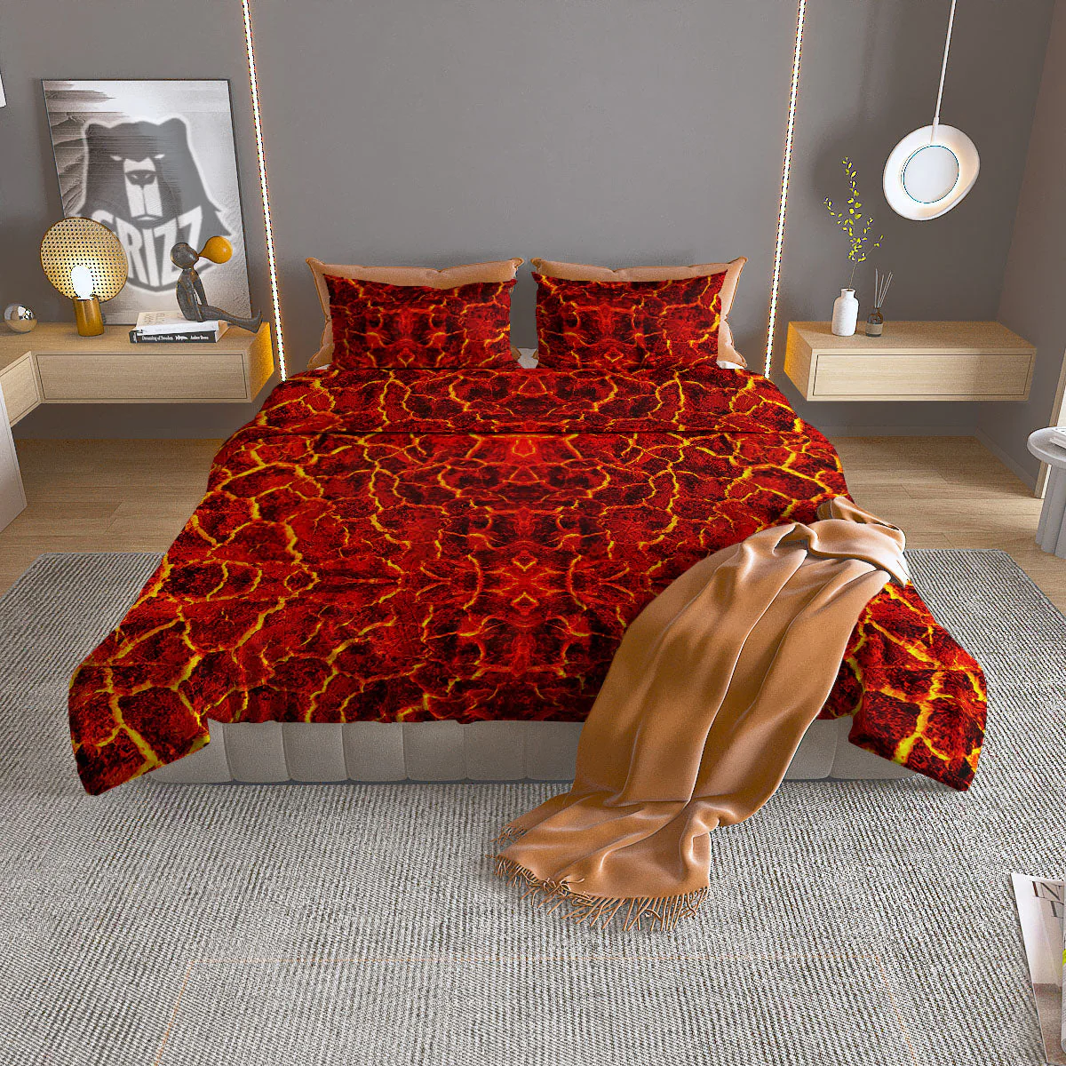 Lava Red Print Pattern Duvet Cover Bedding Set
