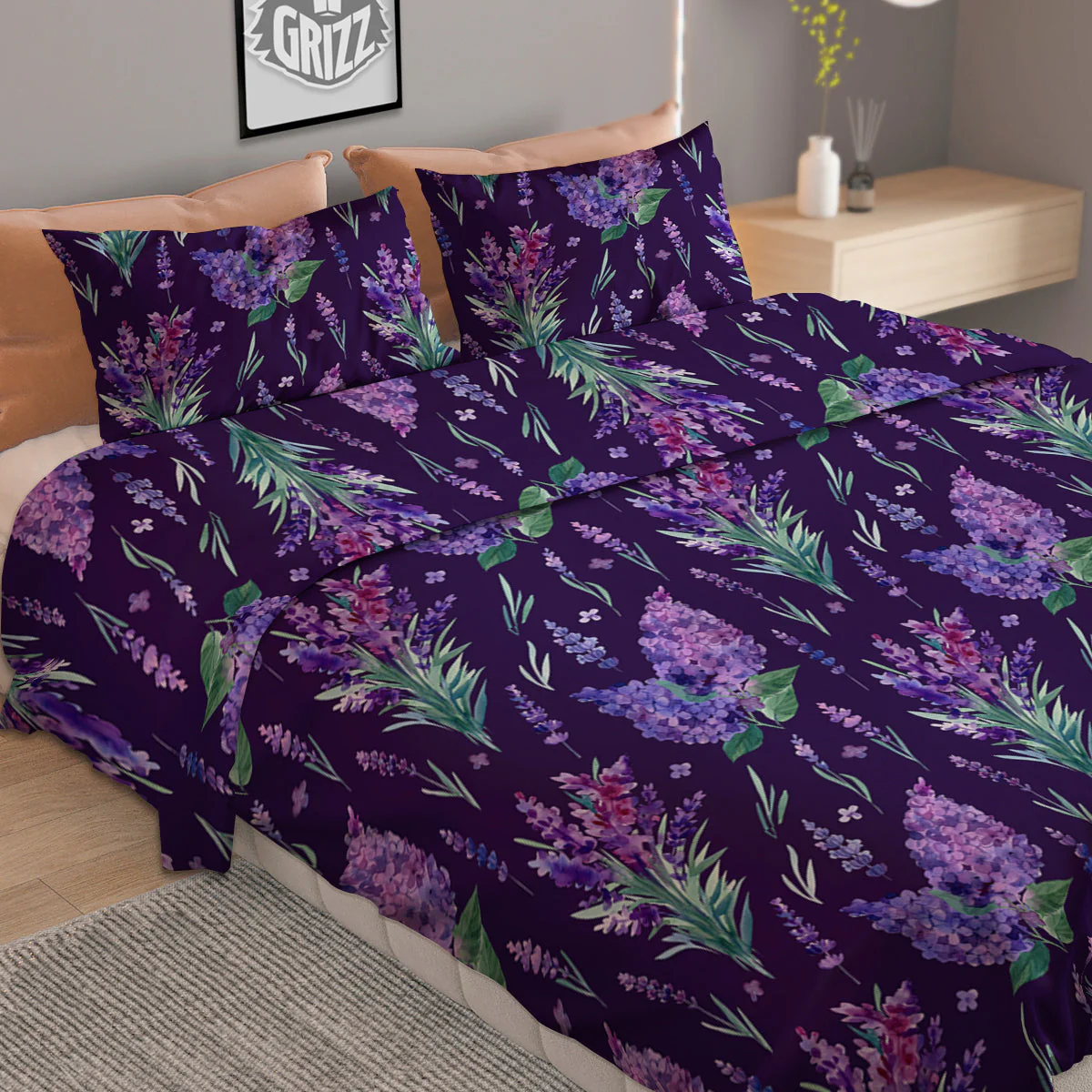Lavender Watercolor Print Pattern Duvet Cover Bedding Set - Image 2