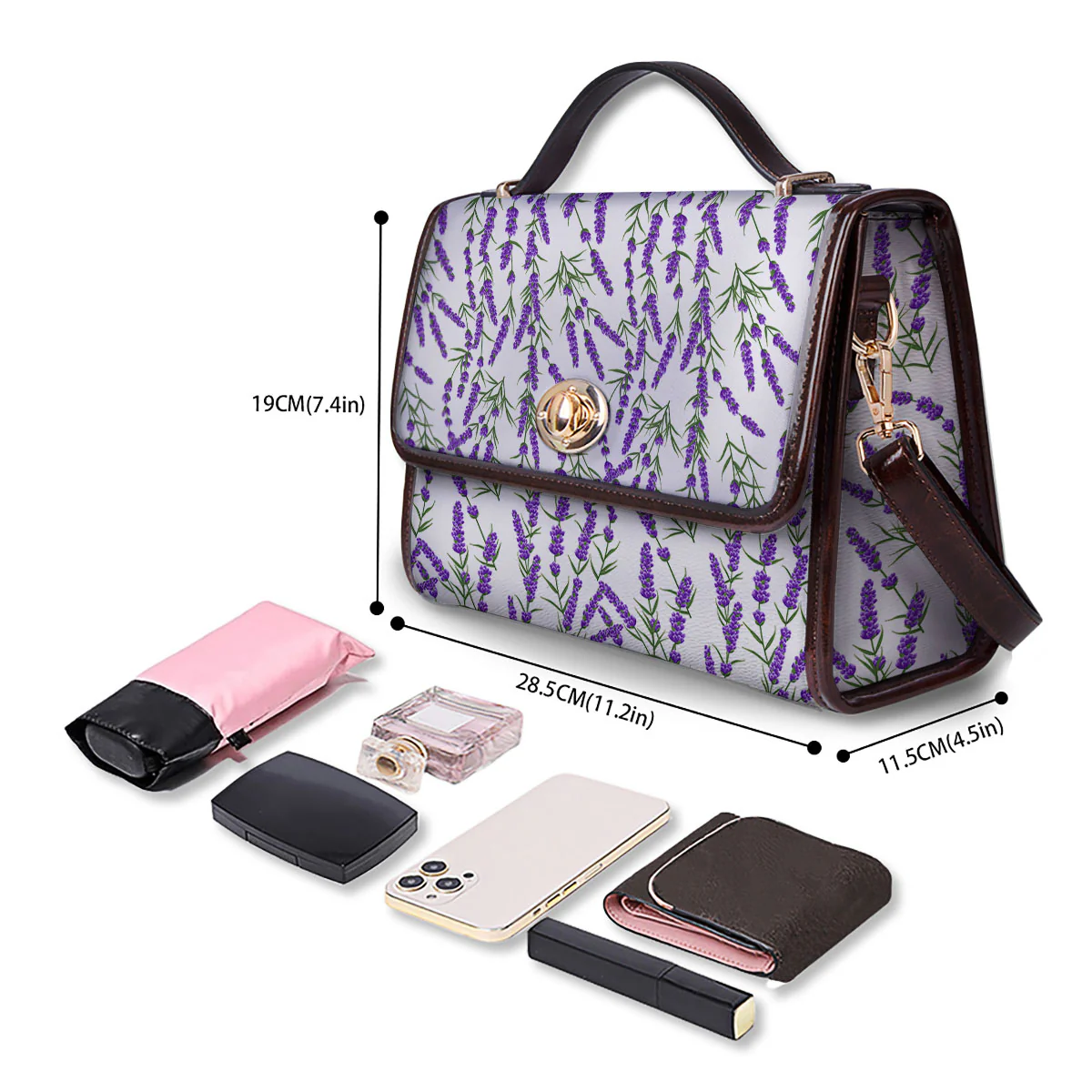 Lavender White And Purple Print Pattern Women's Satchel Bag - Image 4