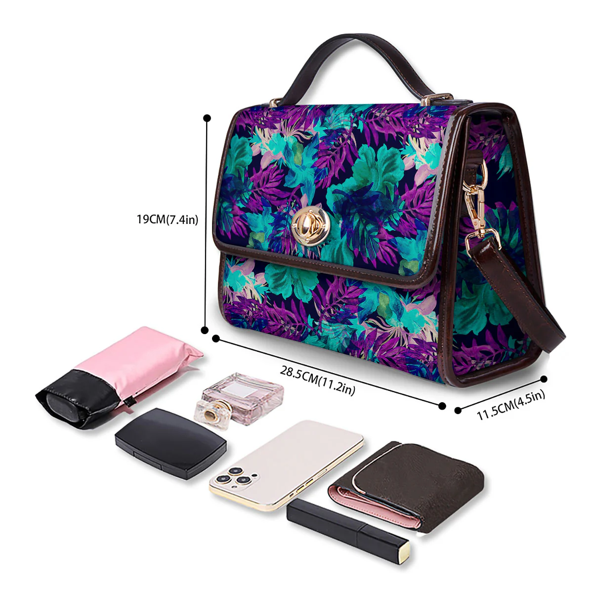 Leaf Green And Purple Print Pattern Women's Satchel Bag - Image 4
