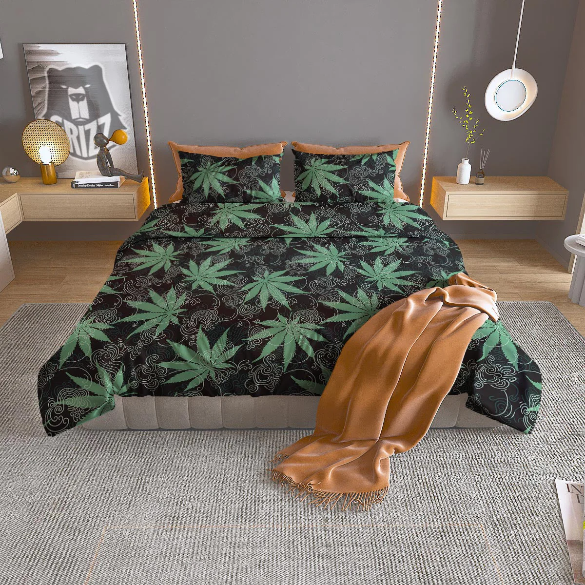 Leaf Swirl Cannabis Print Pattern Duvet Cover Bedding Set