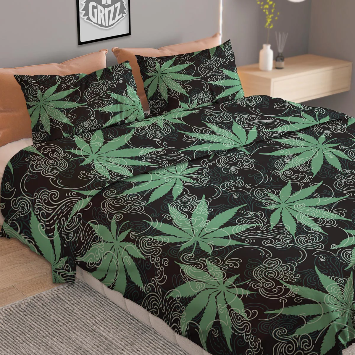 Leaf Swirl Cannabis Print Pattern Duvet Cover Bedding Set - Image 2