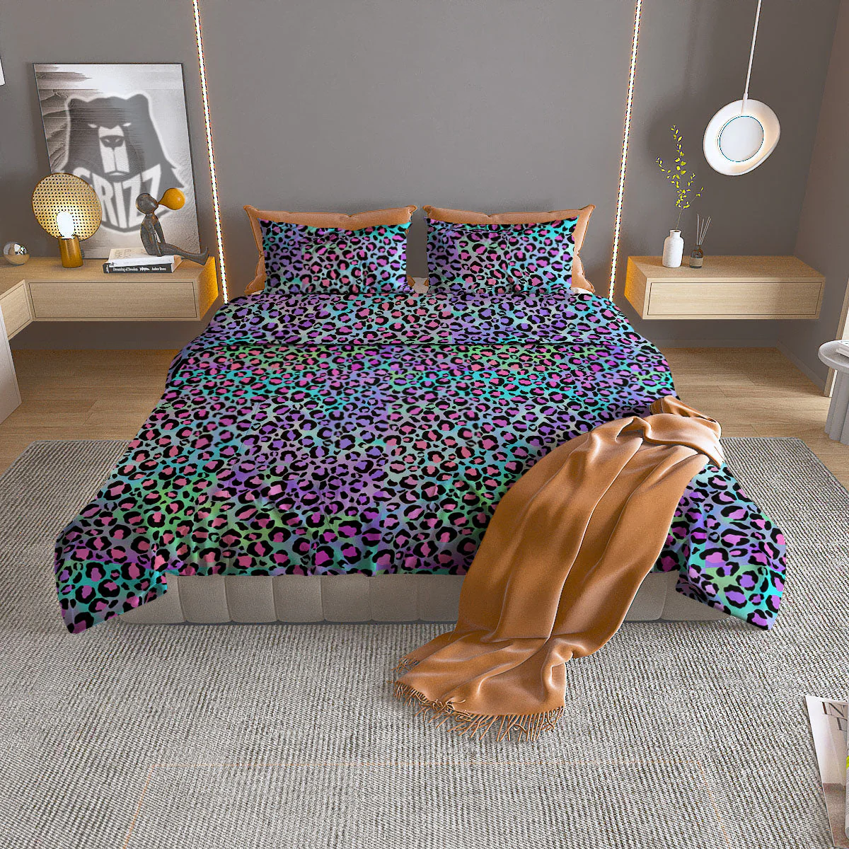 Leopard Rainbow And Purple Print Pattern Duvet Cover Bedding Set