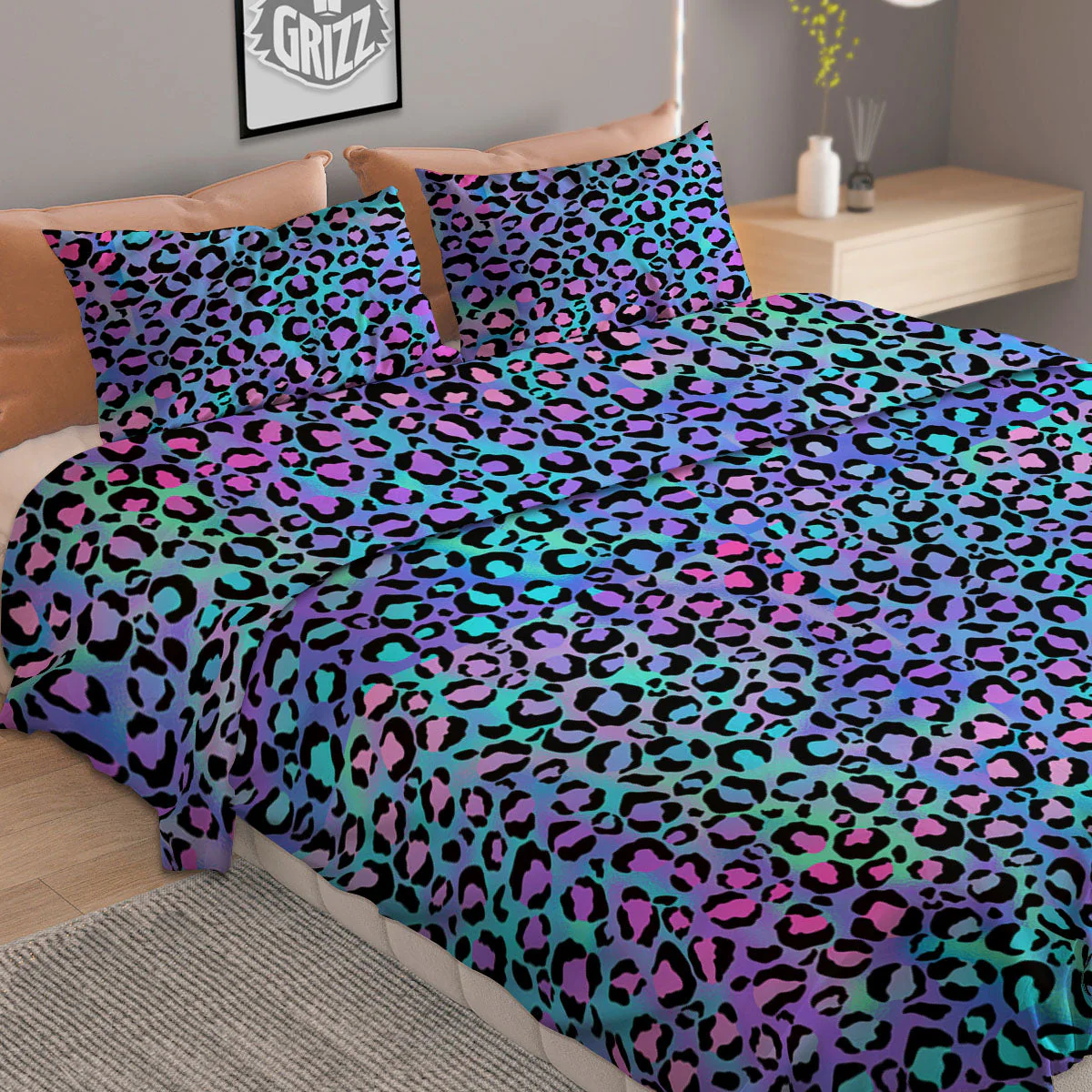 Leopard Teal And Purple Print Pattern Duvet Cover Bedding Set - Image 2