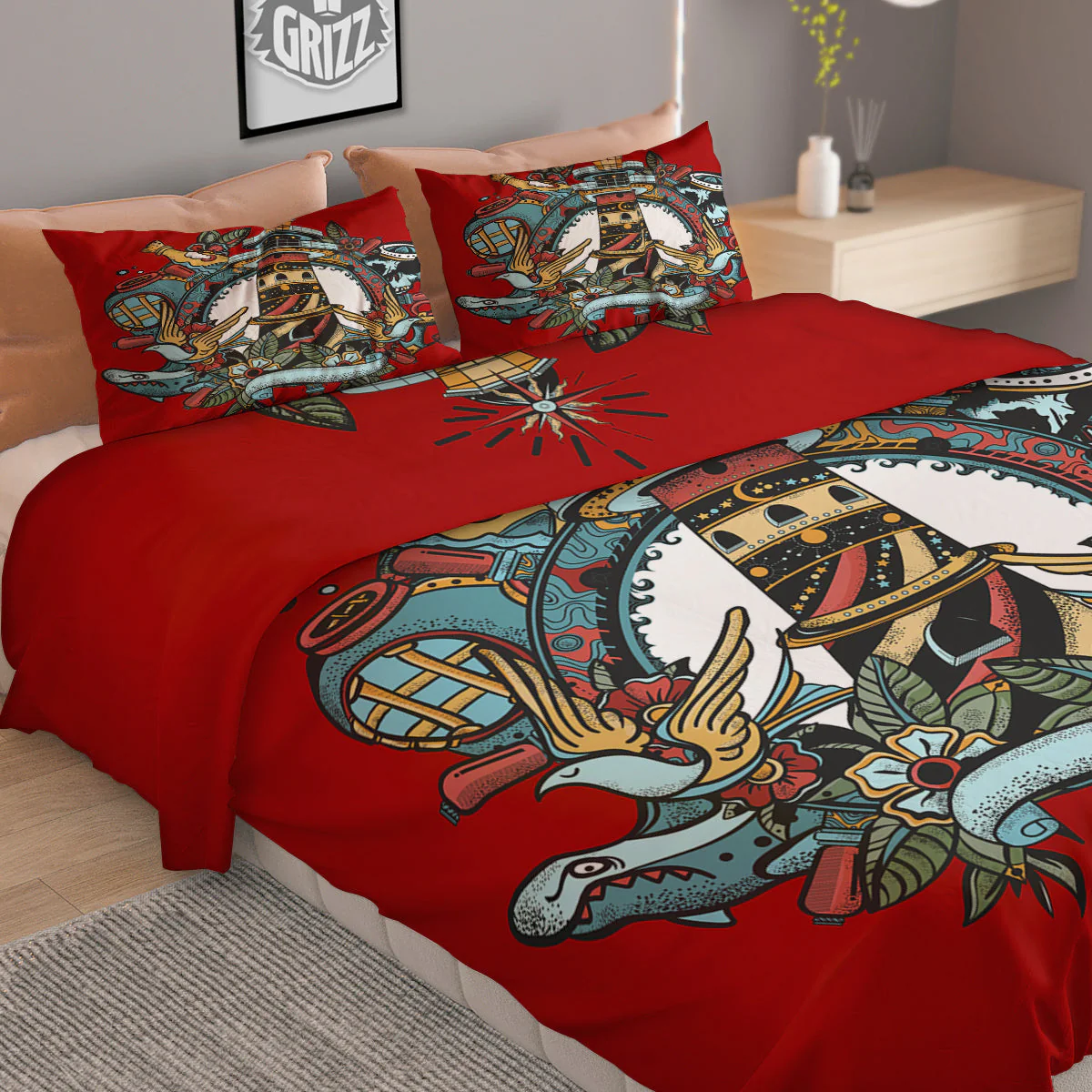Lighthouse Sea Adventure Tattoo Print Duvet Cover Bedding Set - Image 2