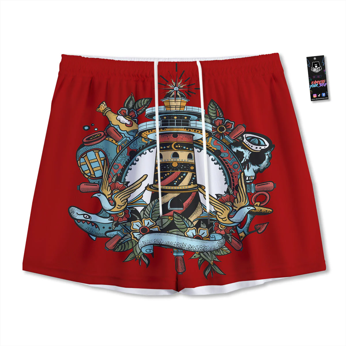 Lighthouse Sea Adventure Tattoo Print Mesh Shorts