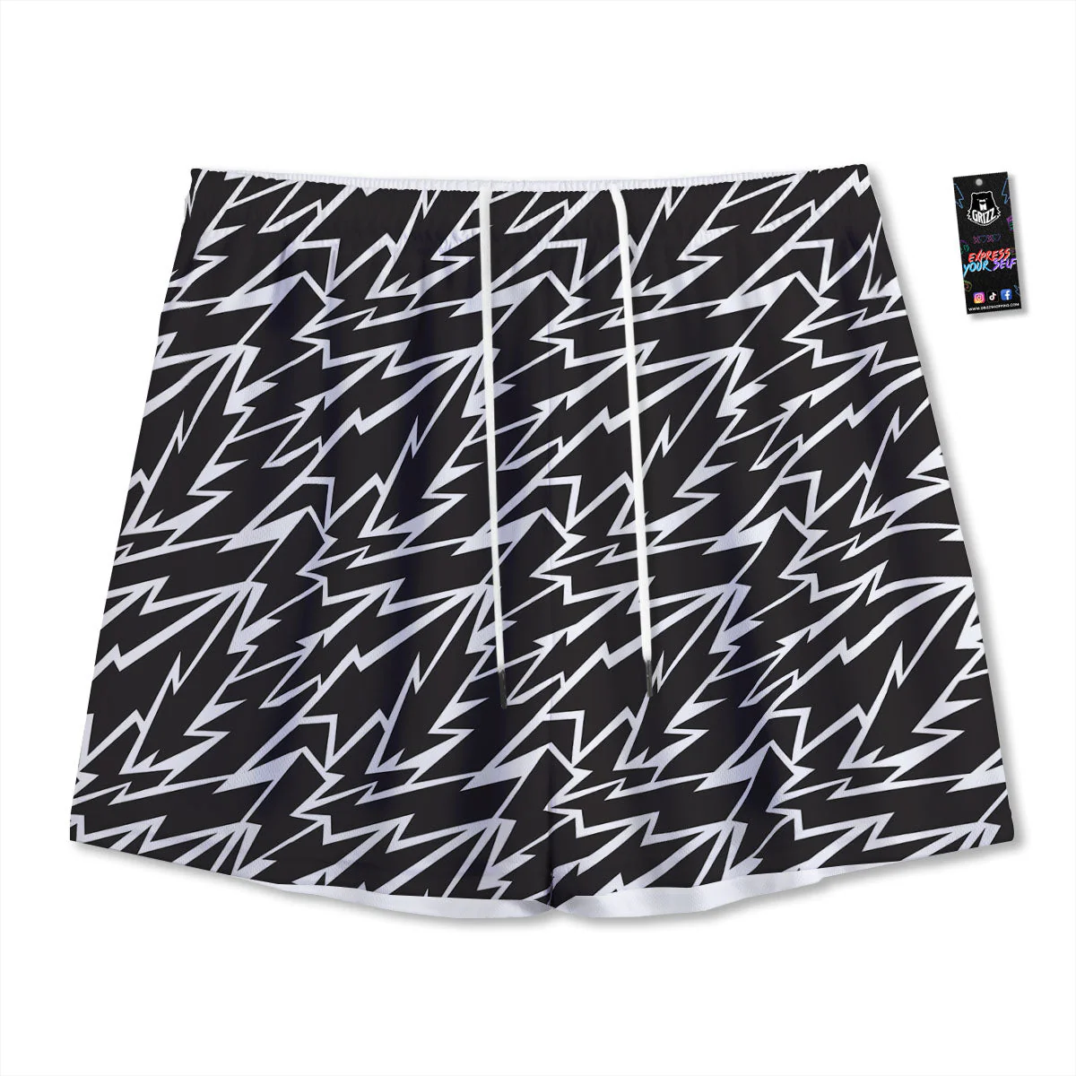 Lightning Black And White Print Pattern Mesh Shorts