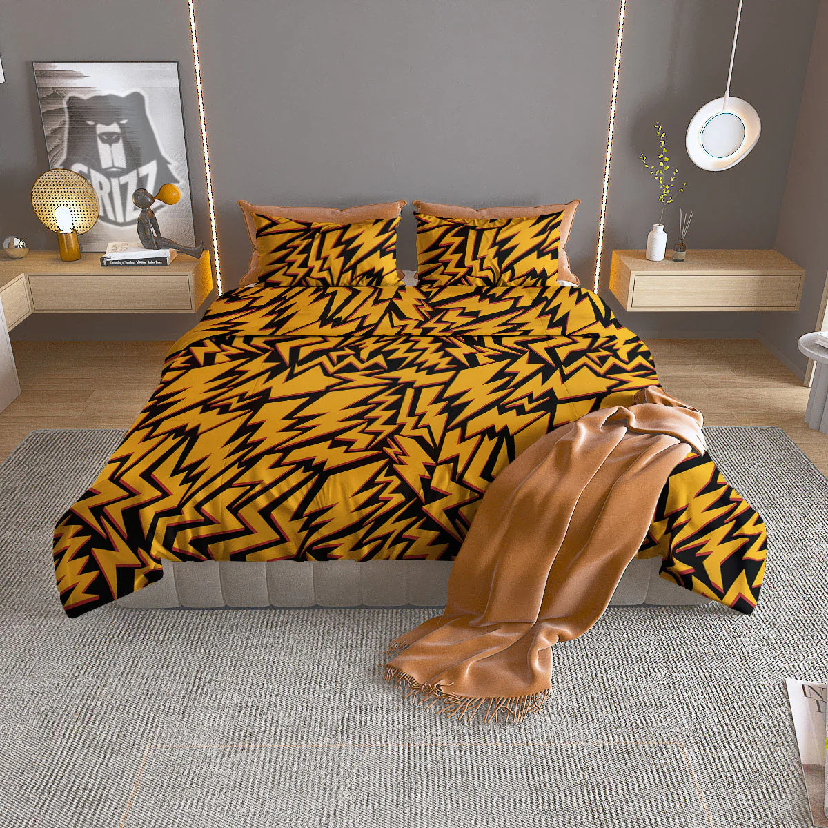 Lightning Yellow And Black Print Pattern Duvet Cover Bedding Set
