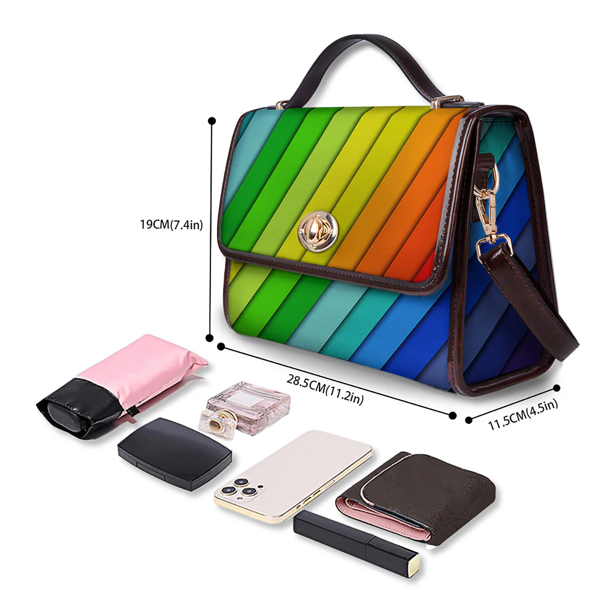 Lines Rainbow Diagonal Print Pattern Women's Satchel Bag - Image 4