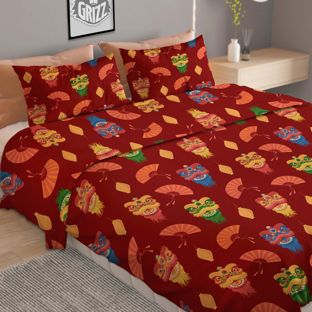 Lion Dance Chinese New Years Print Pattern Duvet Cover Bedding Set - Image 2