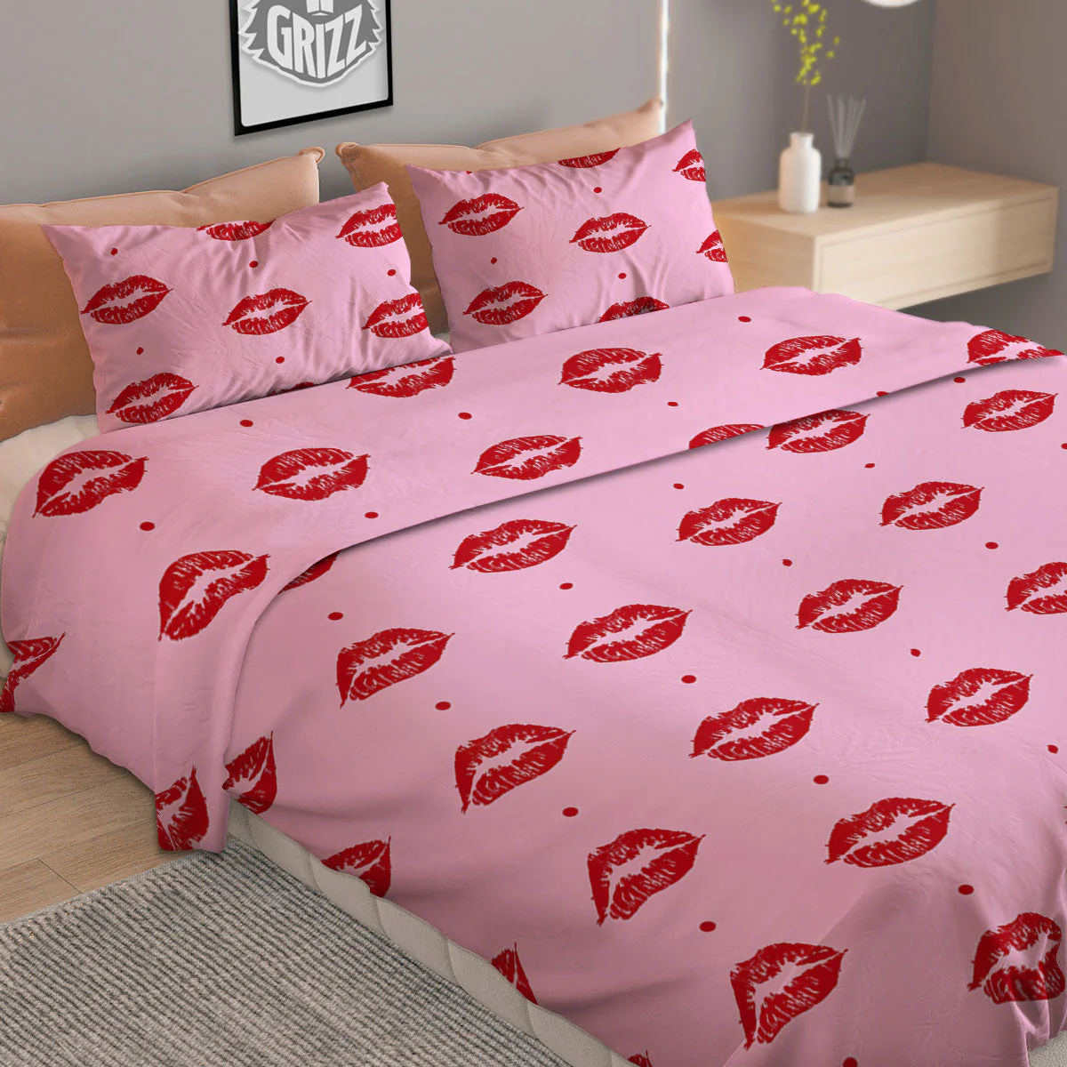 Lips Pink And Red Print Pattern Duvet Cover Bedding Set - Image 2